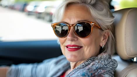 a woman wearing sunglasses sitting in a car