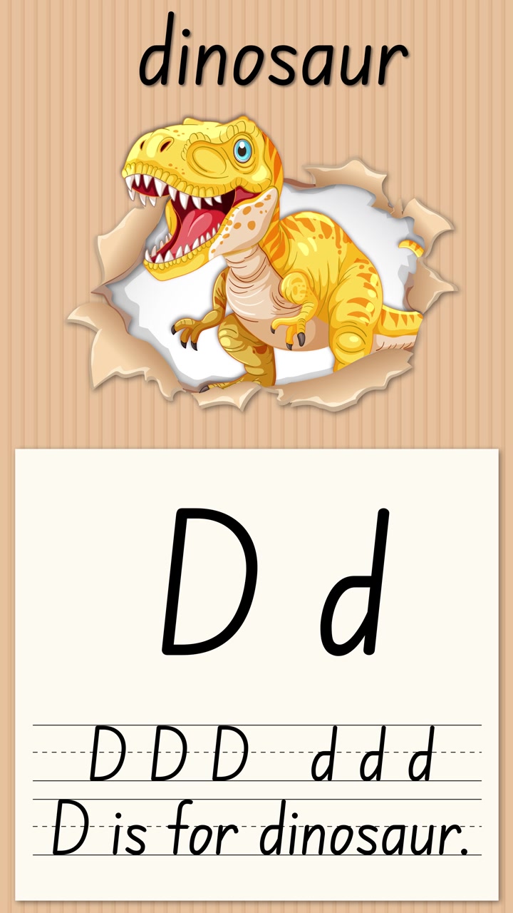 Video verticale animato che insegna la lettera D usando un dinosauro dei cartoni animati e righe per esercitarsi a scrivere.