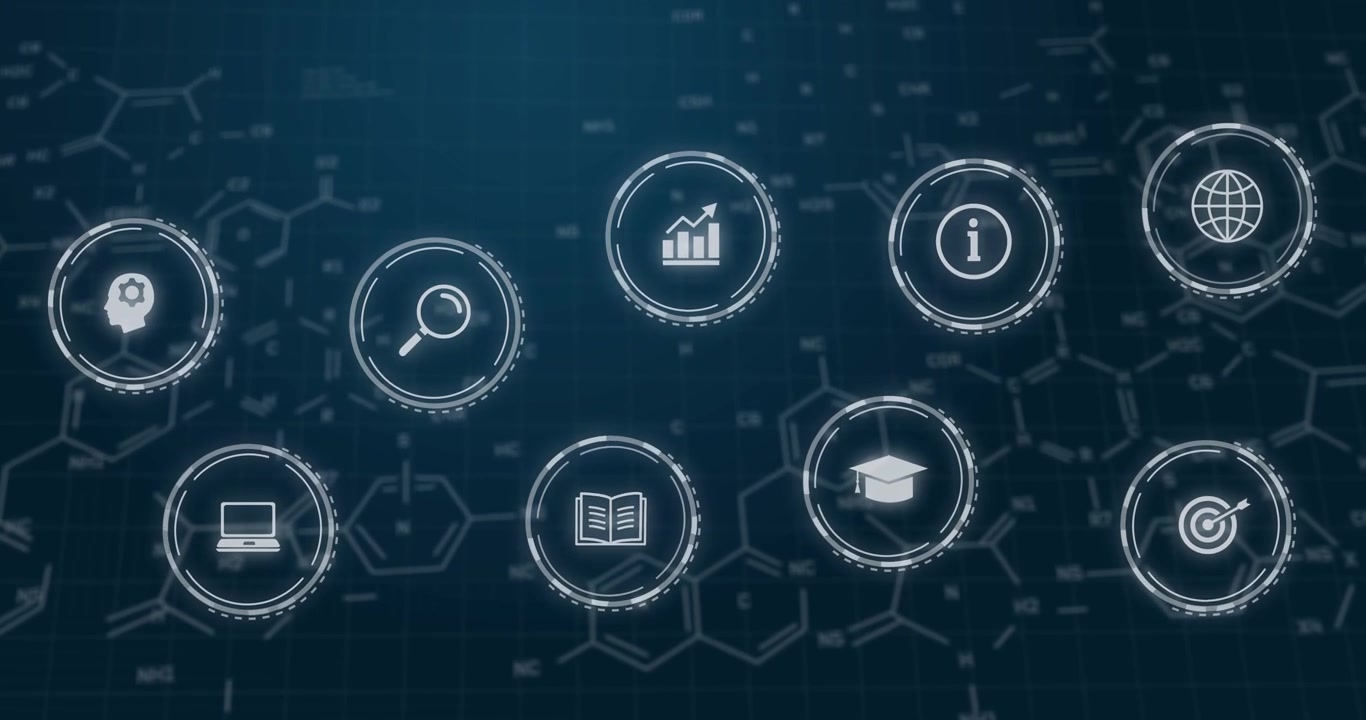 Animating HUD icons with elements appearing, moving inward on grid with rings, forming learning hub