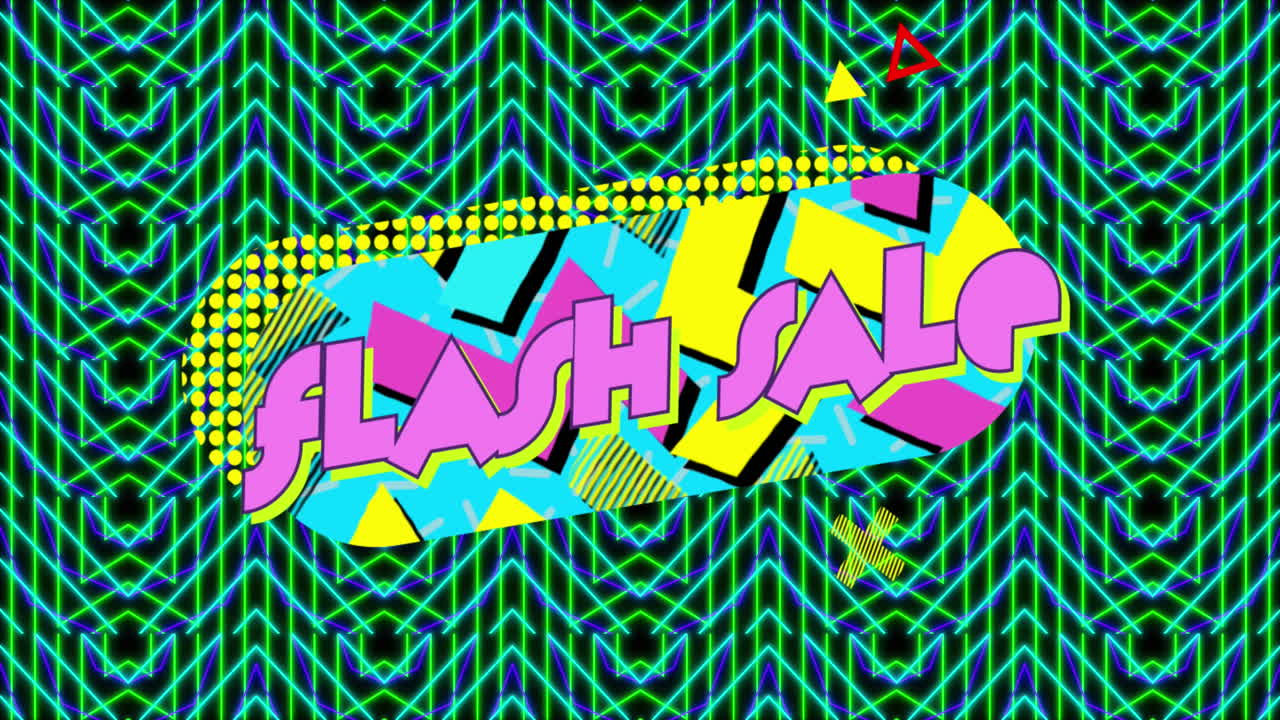animación de texto de venta flash sobre formas en fondo negro