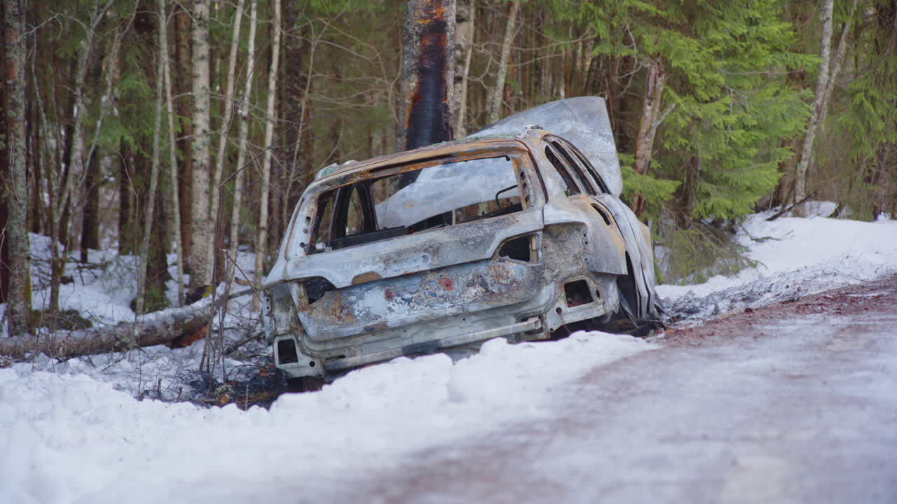 Burnt out wreck of car that crashed into tree after losing grip on black ice