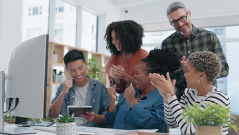 clapping, success and business people on computer
