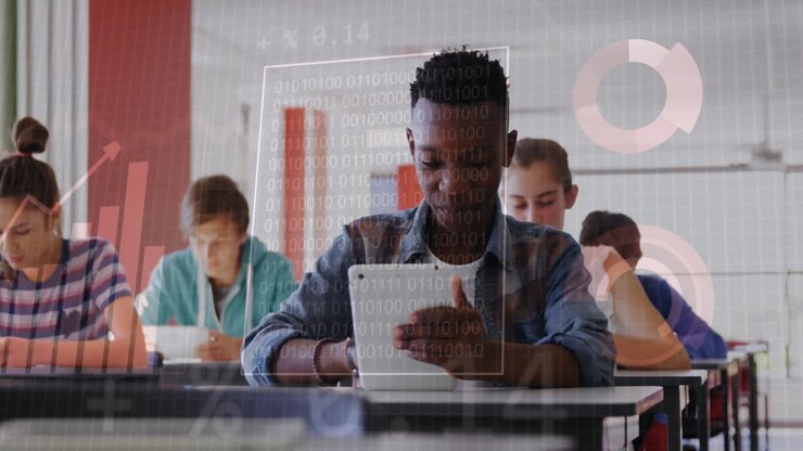 Binary code animation over students using tablets and writing in classroom