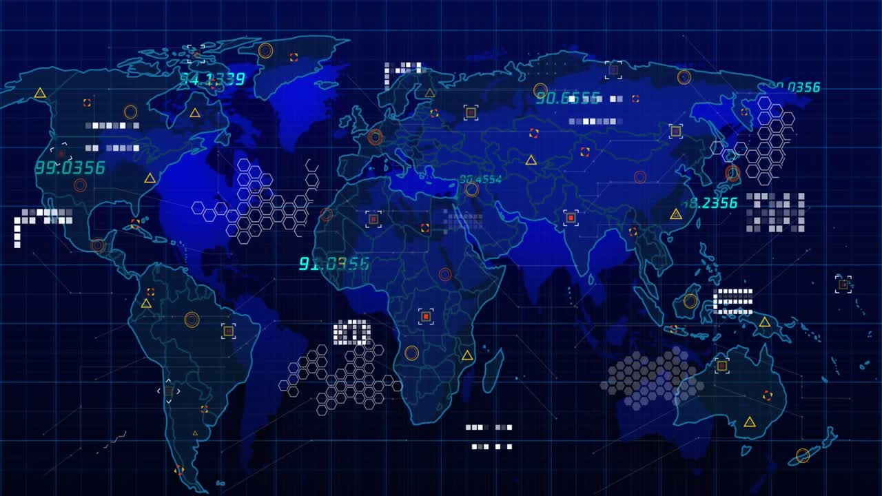 Animation of data processing over world map on black background