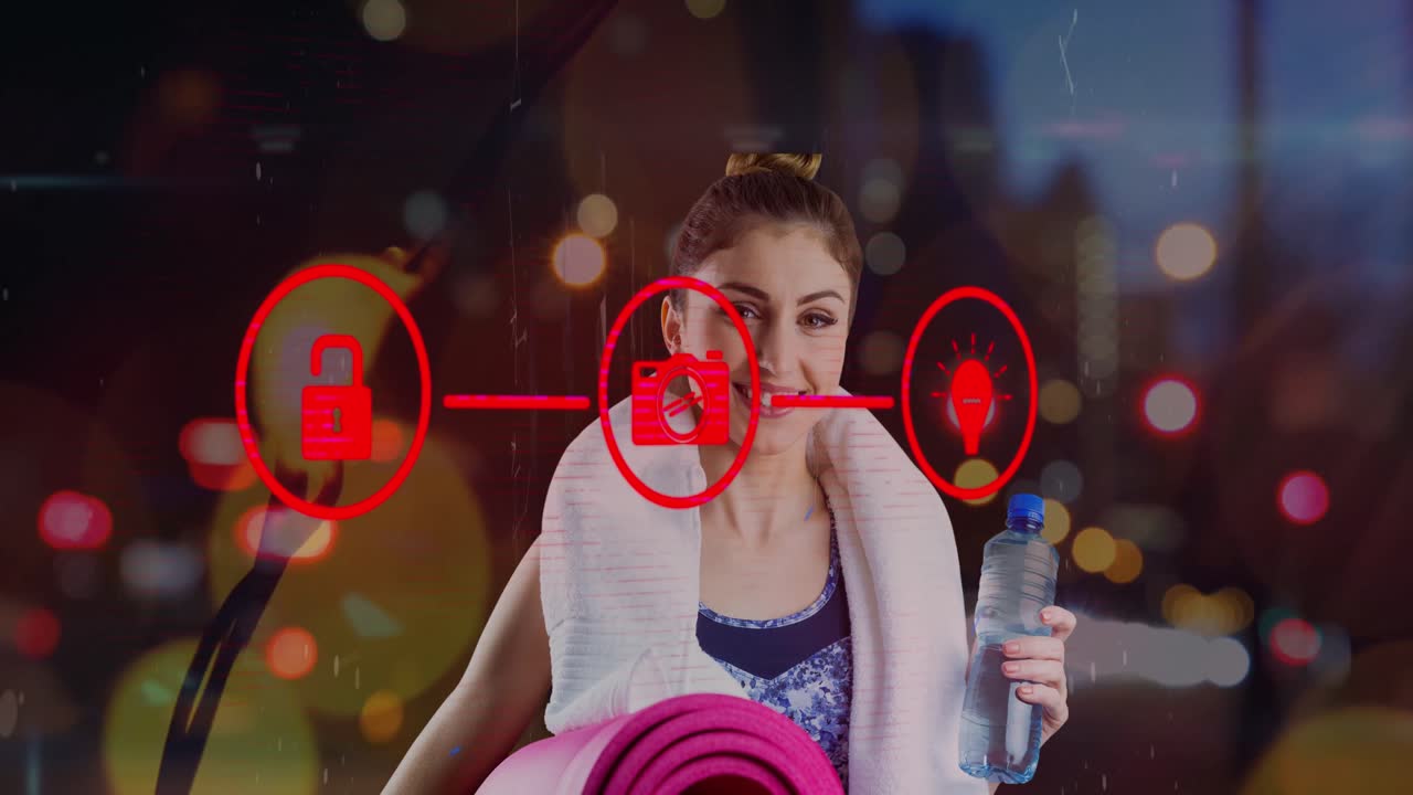 animación de iconos sobre una mujer caucásica feliz con agua y toalla después del entrenamiento deportivo