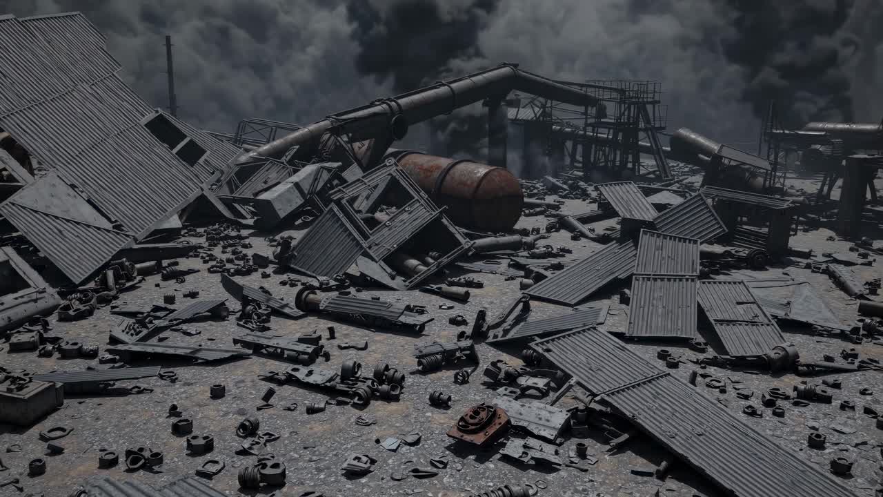 Pieces of destroyed train wagons scattered across the ground of a damaged industrial train depot with dark smoke rising from a fire in the background, creating a scene of destruction and pollution