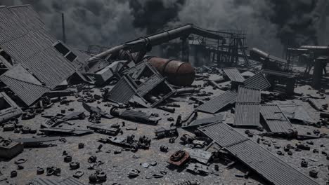 pieces of destroyed train wagons scattered across the ground of a damaged industrial train depot with dark smoke rising from a fire in the background, creating a scene of destruction and pollution