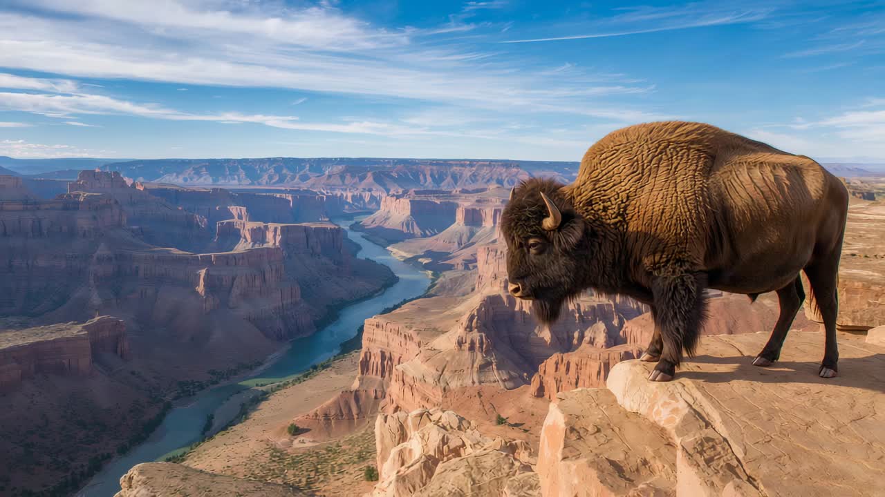 Leaning American bison prompted by alert on canyon rim, peering down at winding river, copy space