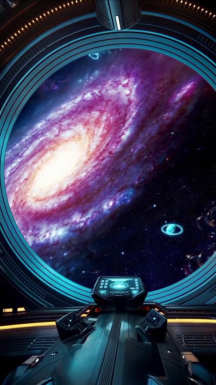 Udsigt til en levende spiralgalakse fra et futuristisk rumskibscockpit