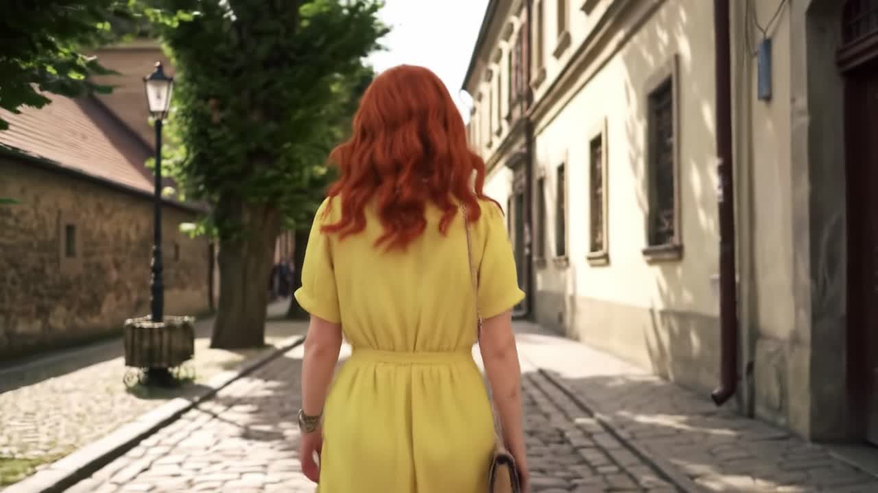 A young woman with vibrant red hair strolls through a charming cobblestone street surrounded by historic architecture on a sunny afternoon.