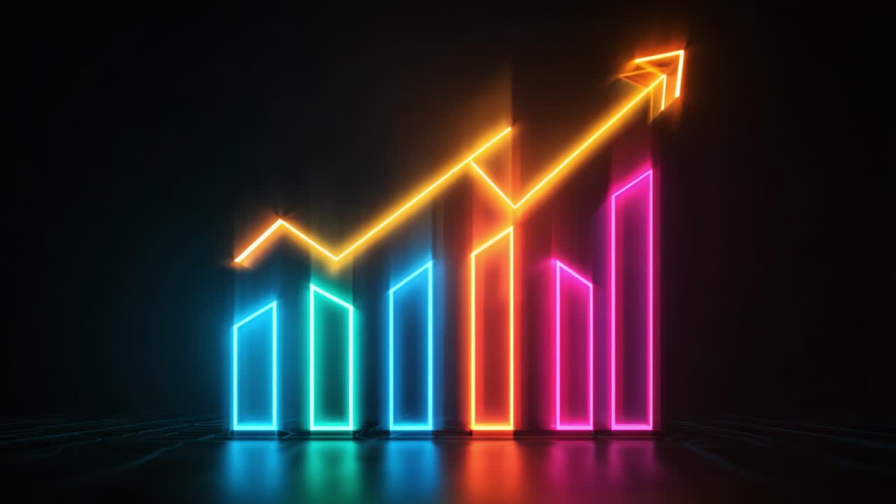 Dynamic Growth Visualization: A Stunning Neon Chart Illustrating Rising Trends and Financial Performance with Vivid Colors and Shapes in a Dark Setting