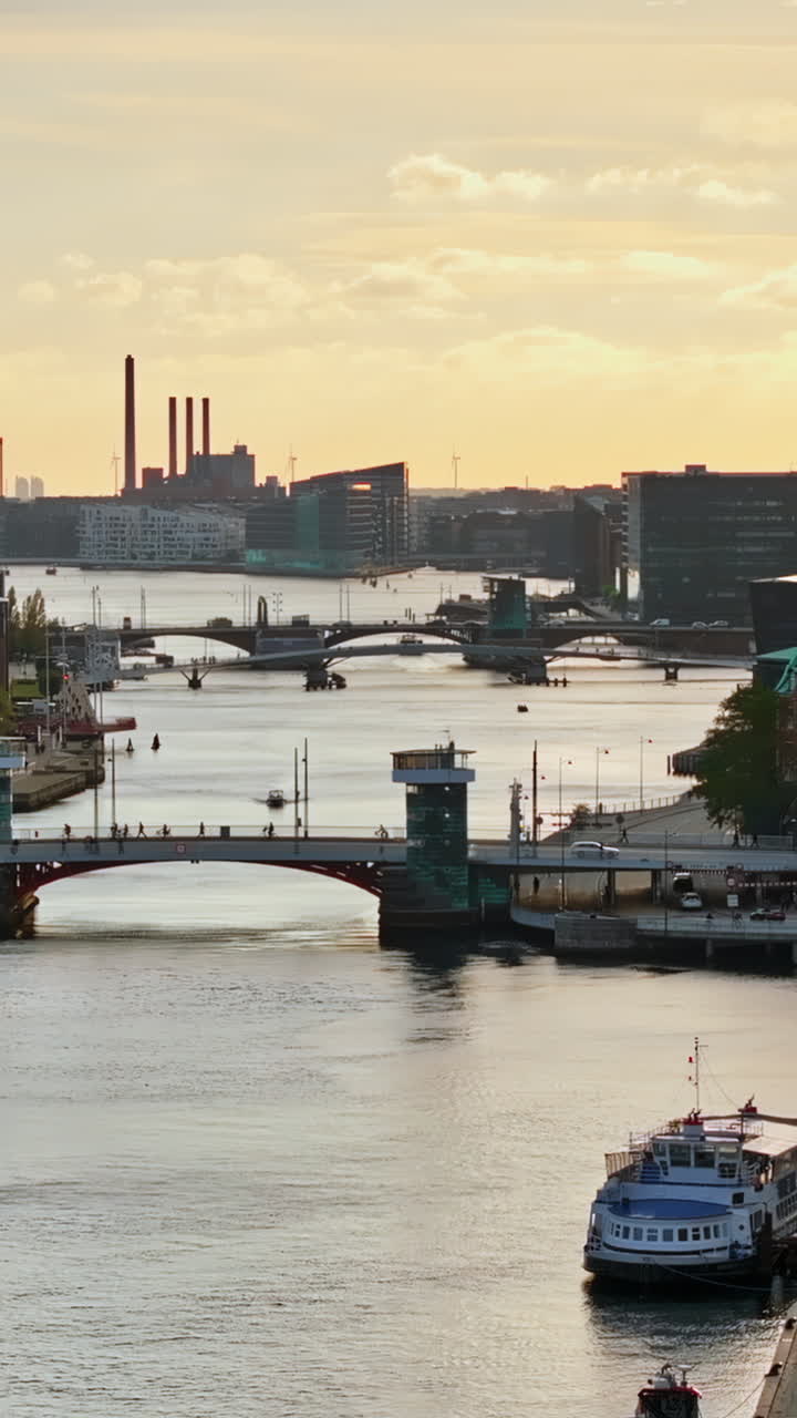 Aerial drone view of Borsen historical place in Copenhagen, Denmark. Vertical