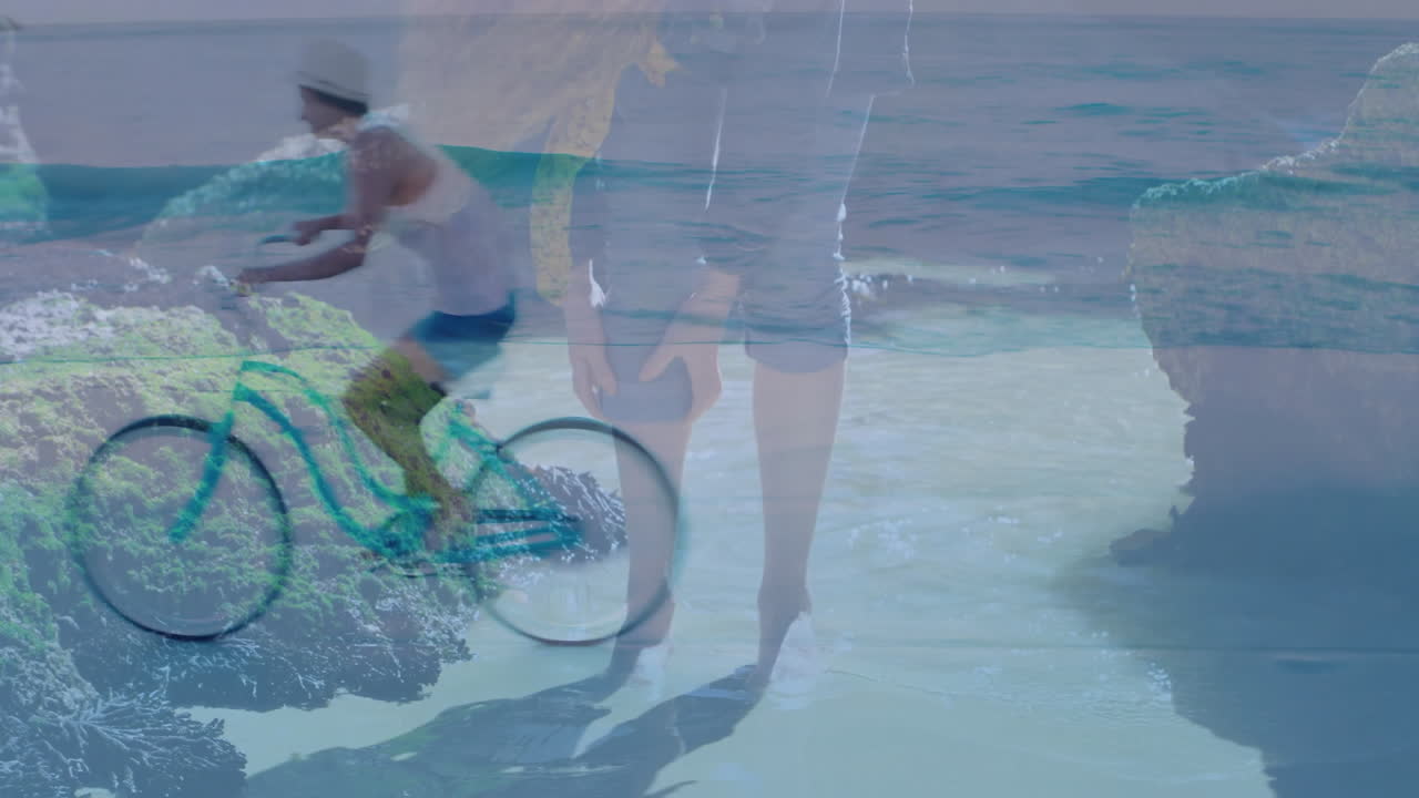 Riding bicycle on beach, woman with animation of ocean waves and rocks