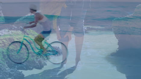 riding bicycle on beach, woman with animation of ocean waves and rocks