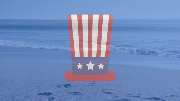 Animation of circles in red, white and blue and flag of america hat over beach and sea