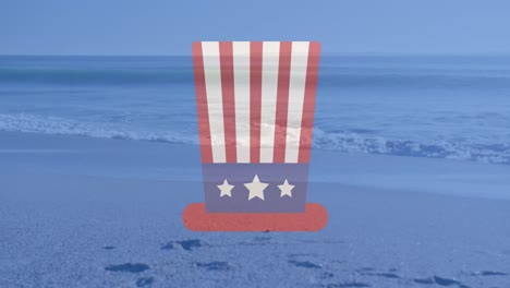 Animation-of-circles-in-red,-white-and-blue-and-flag-of-america-hat-over-beach-and-sea