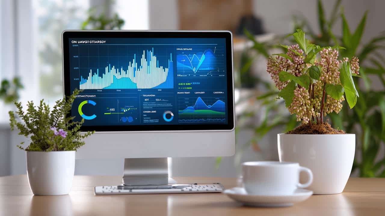 A Modern Workstation Featuring Data Analytics Visuals on a Computer Monitor Surrounded by Indoor Plants and a White Cup on a Wooden Table