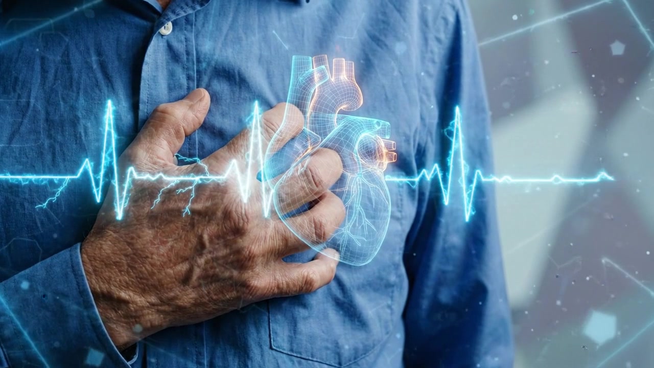 Man Holding Chest with Digital Hologram of Human Heart and EKG