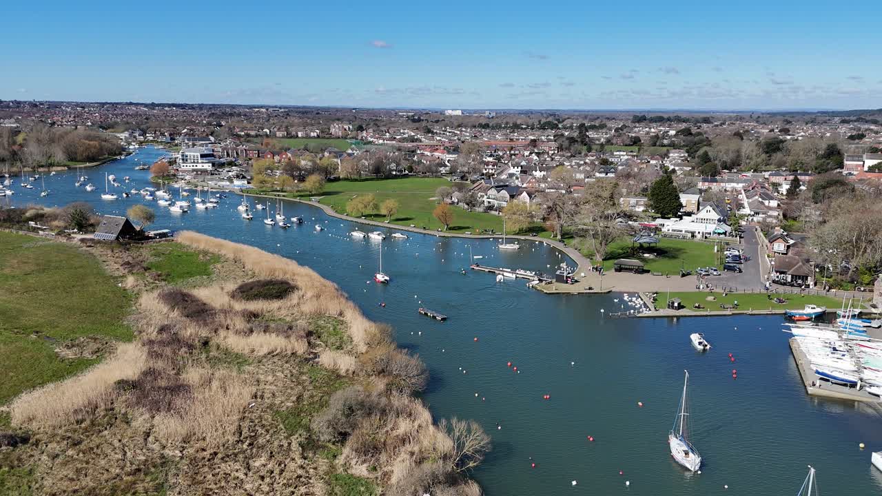 Christchurch harbour Dorset UK drone,aerial blue sky background