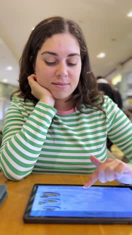 a woman is sitting at a table with a tablet in front of her