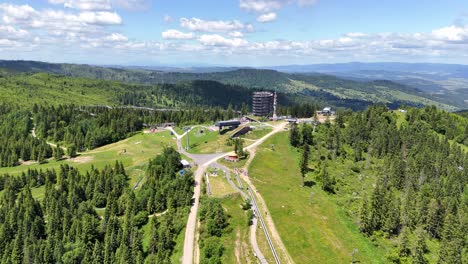treetop walk bachledka with cable car, playground, and lookout tower in high tatras, slovakia. - aerial shot