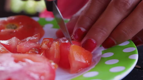 close up slo mo: woman cuts tomato on plate for tasty salad salsa