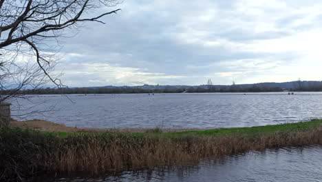 campos de arroz de bajo mondego con inundaciones en coimbra portugal, cielo gris y nublado