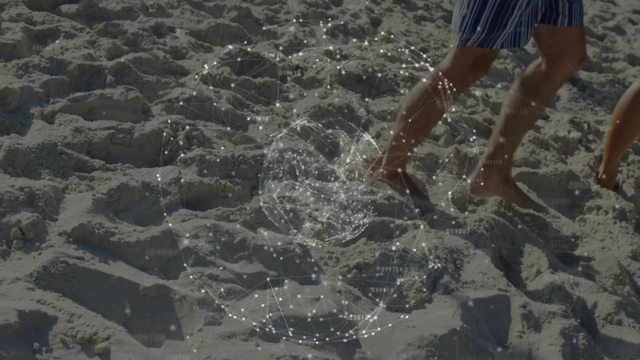 Upon entering frame, friends crossing sand under rotating network sphere illustrating connectivity