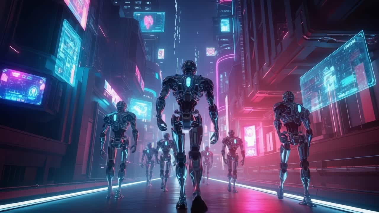 Futuristic Scene of Advanced Robots Walking in a Neon-Lit City, Capturing a Blend of Technology and Urban Aesthetics in a Dystopian Environment