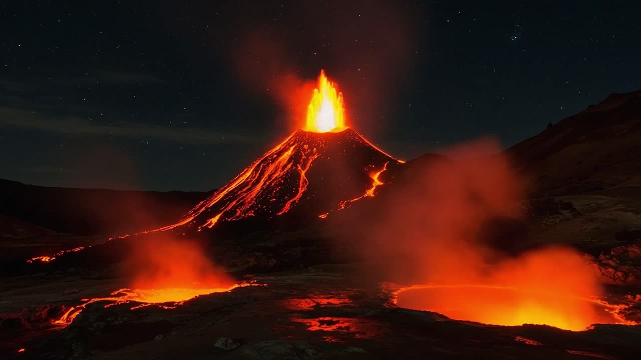 Una rappresentazione grandiosa della natura: un vulcano maestoso in eruzione sotto un cielo stellato, che mostra lava incandescente, forza eruttiva e uno scenario mozzafiato