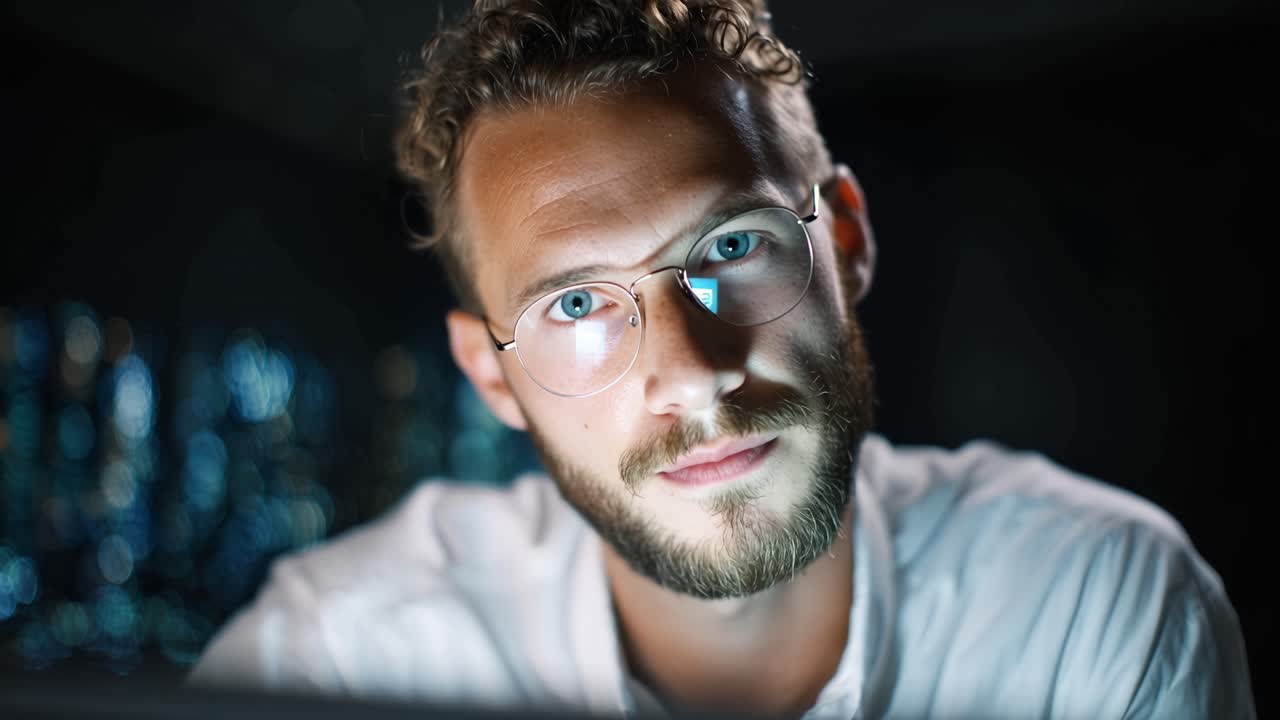 A thoughtful man with glasses gazes intently, showcasing deep concentration and curiosity as he engages with his surroundings in a low-light environment