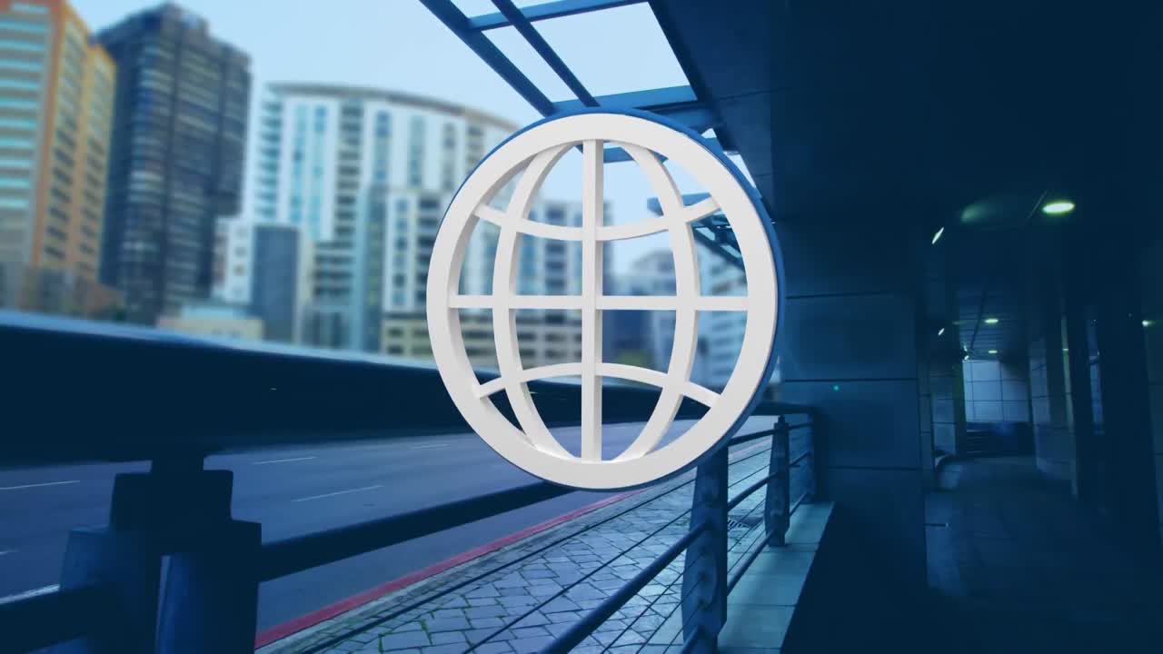 icono del globo y vista de la ciudad