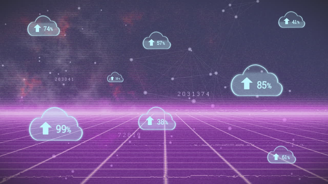 검은색 배경에 연결 네트워크를 통해 증가하는 수로 클라우드 아이콘의 애니메이션