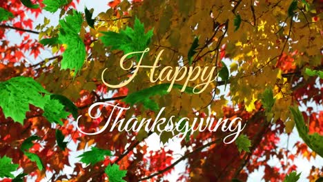 Animation-of-happy-thanksgiving-text-and-autumn-leaves-against-low-angle-view-of-trees-and-sky