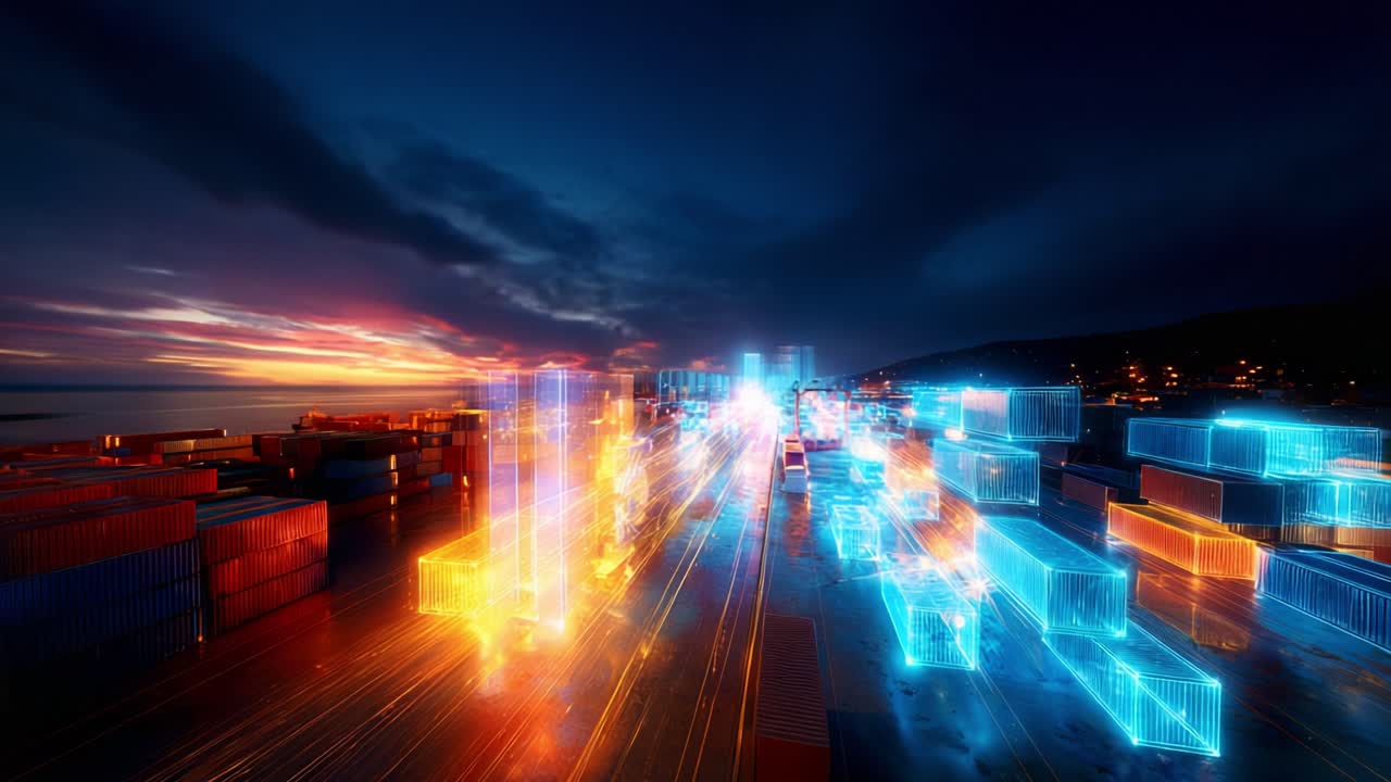 A Stunning Visualization of Urban Cargo Activity: A Glowing Transformation of Containers into Vibrant Light Trails in a Shipping Area at Dusk and Night