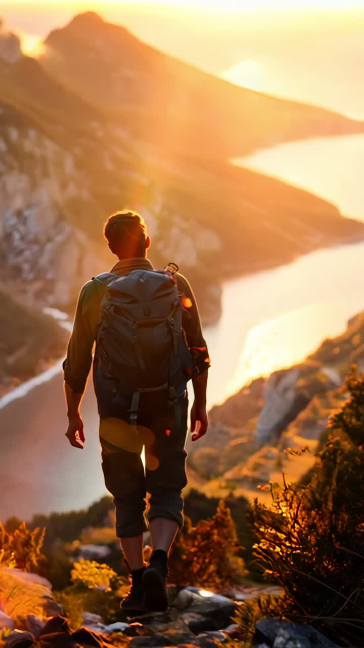 Sunset Hiker Exploring Scenic Mountain Trails in Autumn. A lone hiker journeys along a mountain path, surrounded by lush greenery, as the sun sets over a serene river valley.