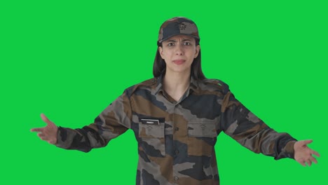 angry indian woman army officer shouting on someone green screen