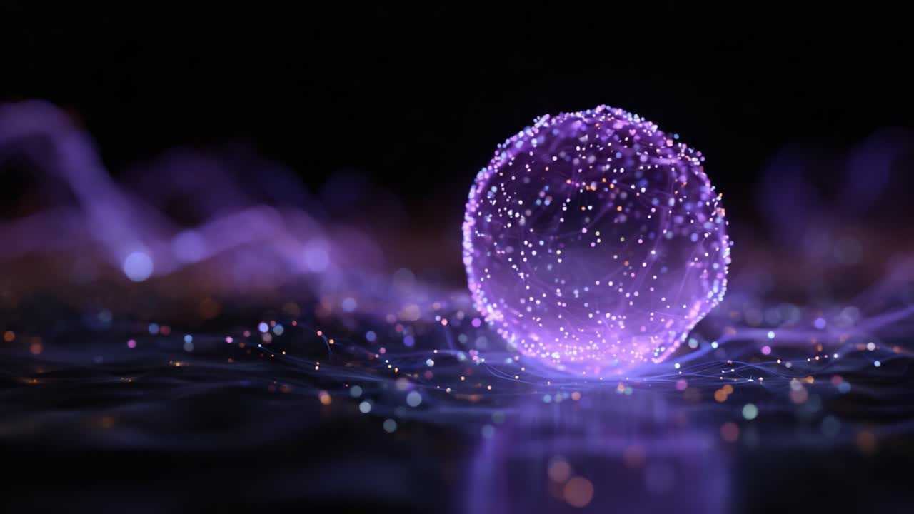 En fascinerende nærbilde av en lysende, sfærisk kule laget av glitrende partikler, som skaper en eterisk atmosfære av lys og energi i et mørkt, kosmisk miljø.