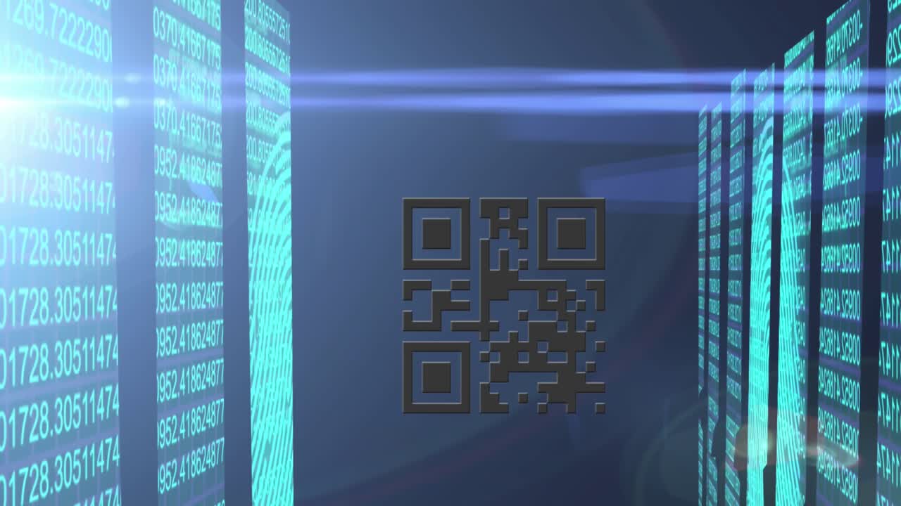 Animation of qr code over data processing on black background