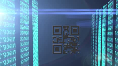 Animation-of-qr-code-over-data-processing-on-black-background