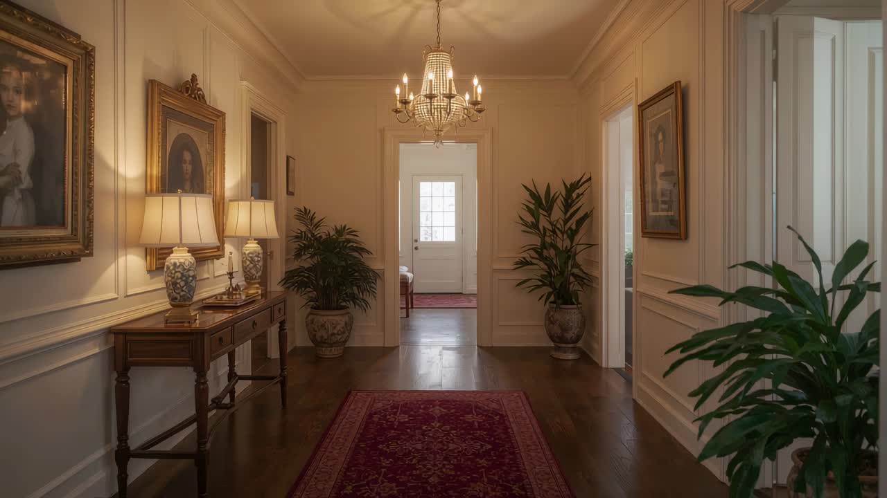 Pushing camera forward through entry hall at home, emphasizing depth with red rug and chandelier