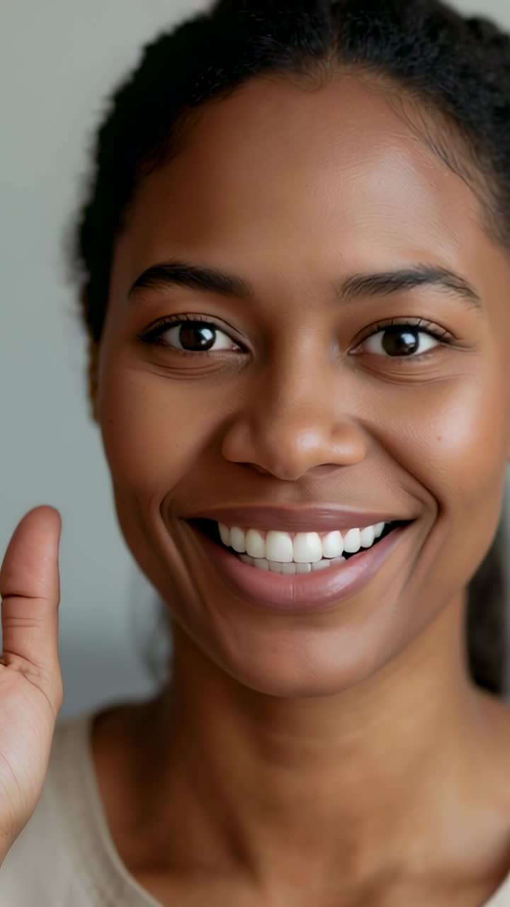 Video verticale: donna sorridente che guarda la fotocamera e saluta con la mano sinistra, top beige