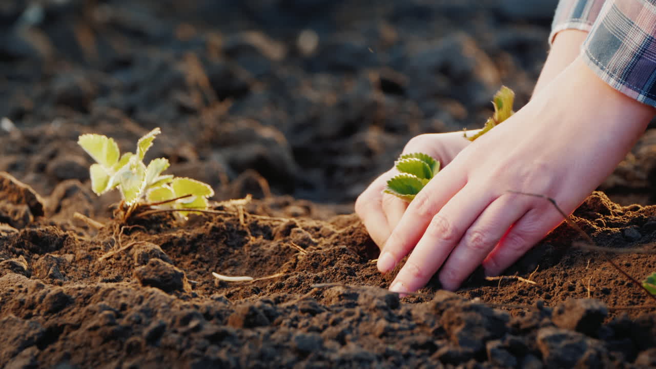 Farmer's Hands Carefully Plant Strawberry Seedling In The Ground