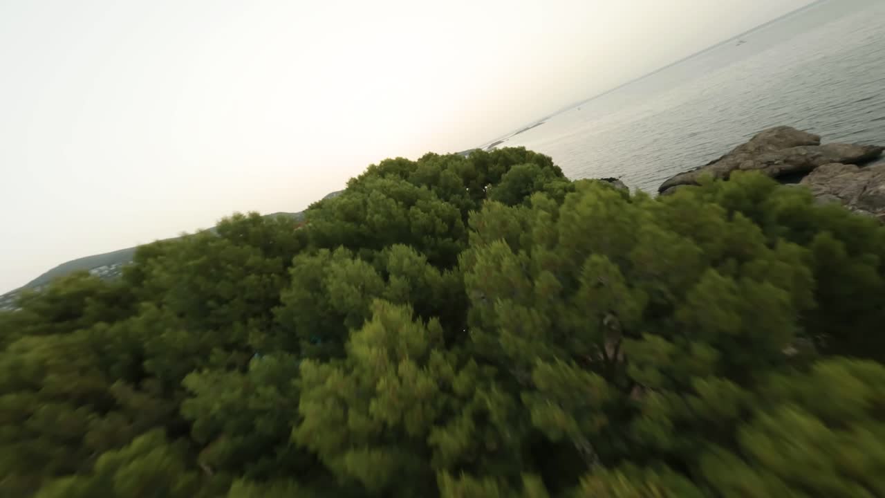 fpv drone aéreo tiro en movimiento hacia adelante sobre el complejo a lo largo de la costa rocosa en cala punta negra, islas baleares, españa durante la noche