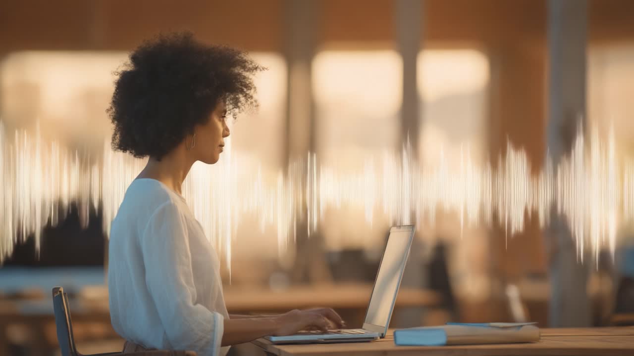 A Moment of Focus: A Dedicated Individual Engaged in Work on a Laptop Amidst an Inspiring Background with Audio Waveforms Representing Soundscapes