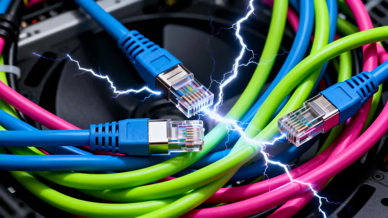 Shifting camera tightening on tangled Ethernet cables over fan, revealing blue RJ45s flashing spark