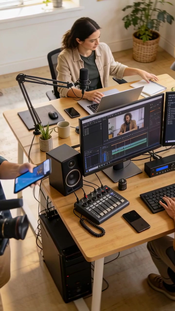 Vertical video: Typing woman editor editing on laptop at studio man entering with phone and mic