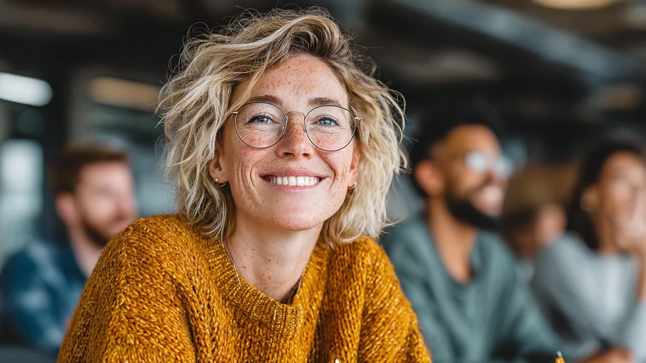 Un momento di gioia immortalato in un contesto informale: una donna sorridente, vestita con un comodo maglione, irradia positività in un ambiente sociale pieno di persone coinvolgenti