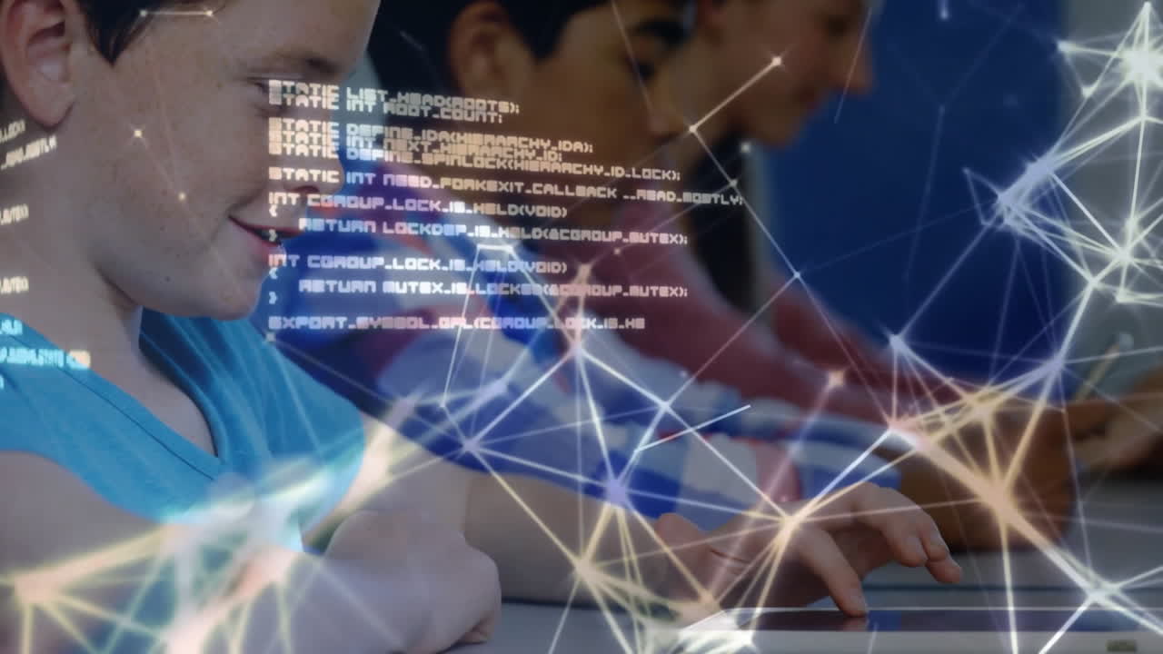 animación de conexiones y procesamiento de datos en diversos escolares que utilizan tabletas