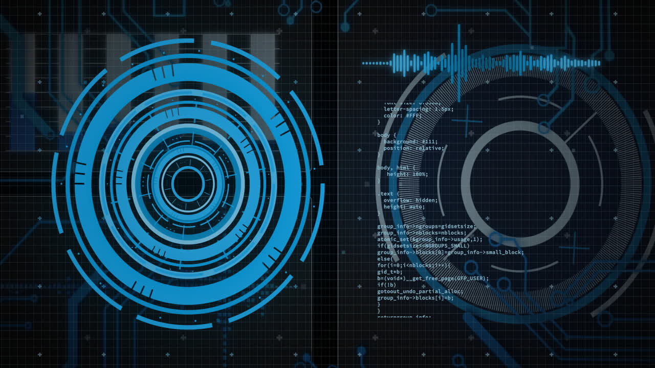 procesamiento de animación de datos con interfaz circular futurista sobre un fondo de cuadrícula digital